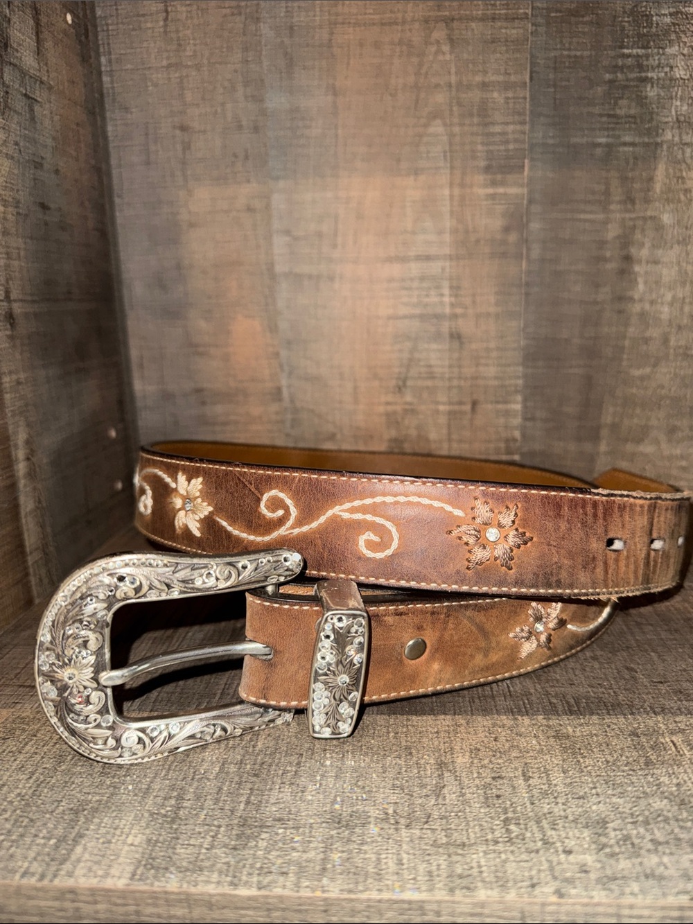 NOCONA Brown Western Tooled Leather Belt with Silver Floral Buckle-size M